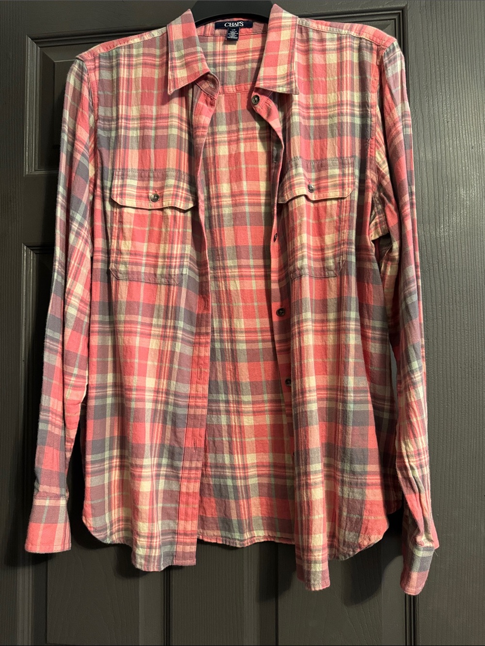 Chaps Coral Pink and Gray Plaid Button-Down Shirt